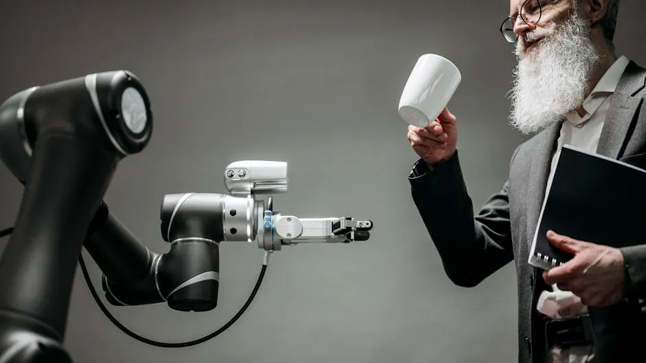 A bearded engineer holds a ceramic cup while a robotic arm assists, showcasing modern technology.