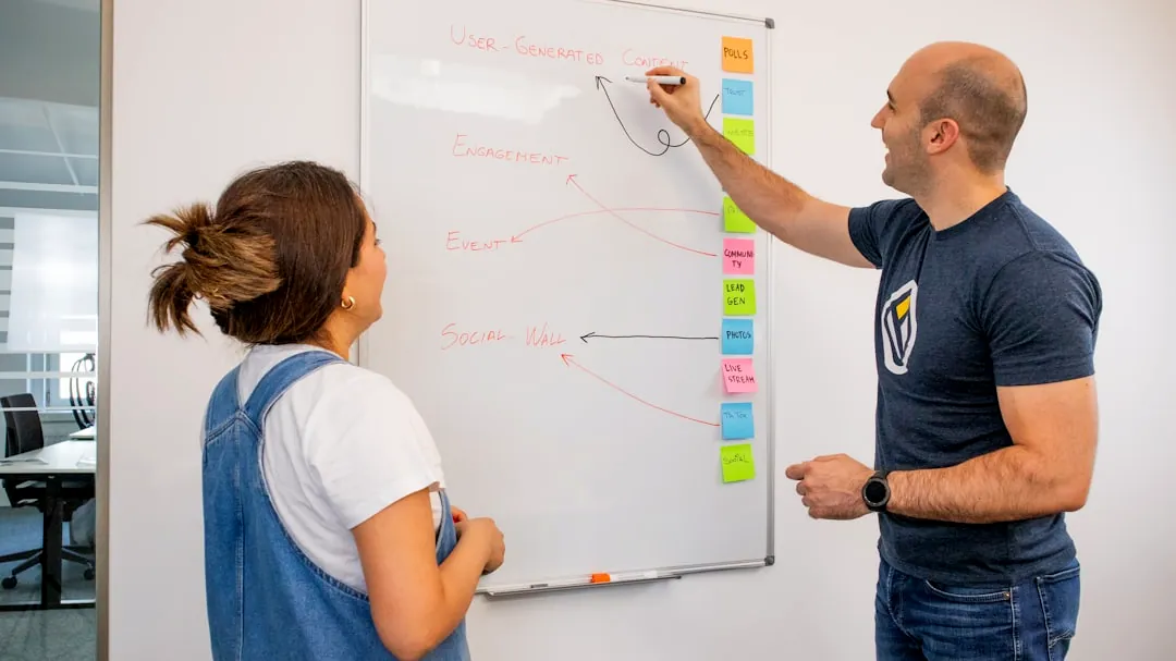 a man and a woman writing on a white board