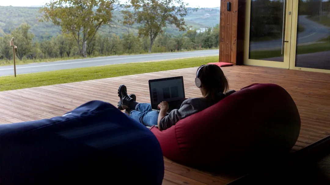 a person sitting on a bean bag chair using a laptop