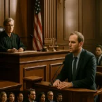 A courtroom scene with a judge, lawyers, defendant, and jurors during a high-profile trial, showing the legal process in action.