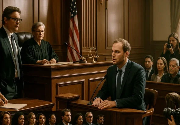 A courtroom scene with a judge, lawyers, defendant, and jurors during a high-profile trial, showing the legal process in action.