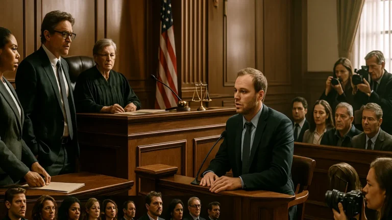 A courtroom scene with a judge, lawyers, defendant, and jurors during a high-profile trial, showing the legal process in action.