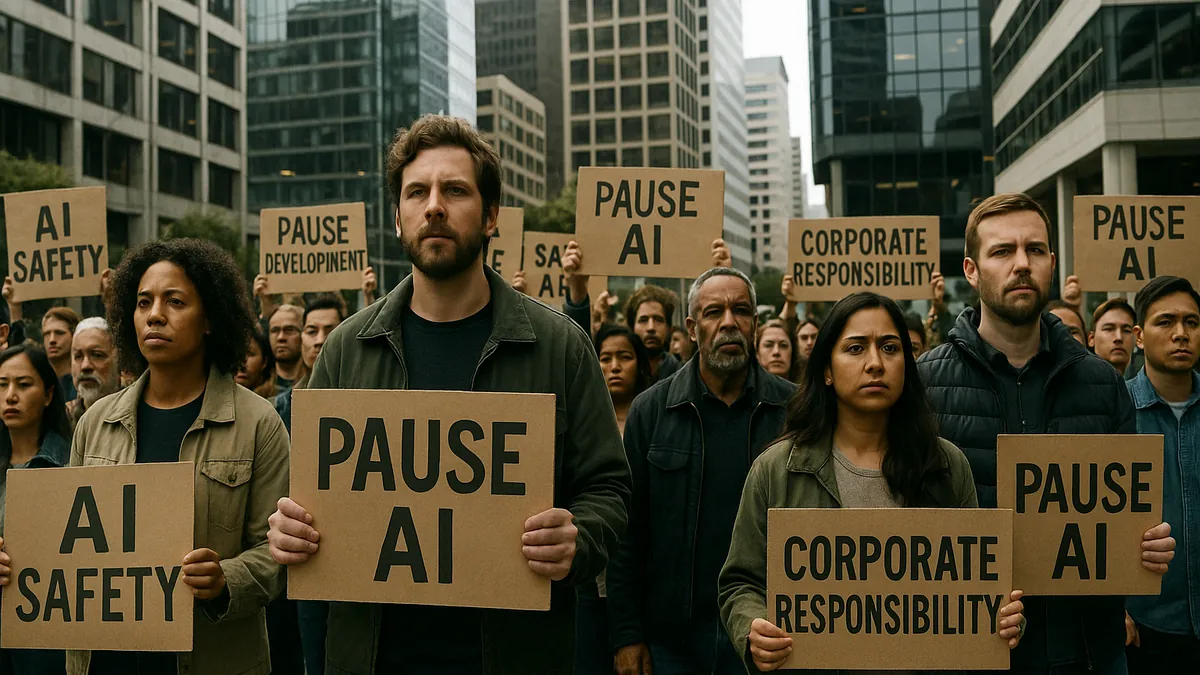 A crowd of protesters outside San Francisco tech offices holding signs calling for a pause on AI development.