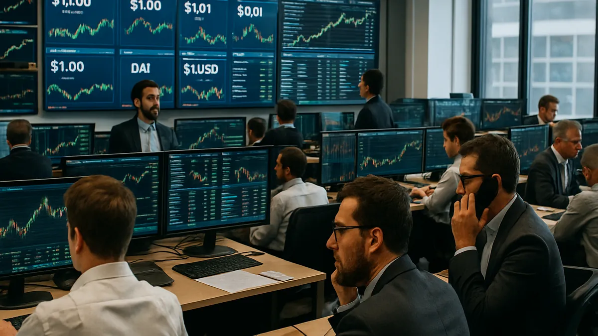 A cryptocurrency exchange floor showing traders working at desks with multiple monitors displaying stablecoin market data.
