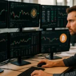 A cryptocurrency trader at a desk with multiple screens showing market charts and token prices.