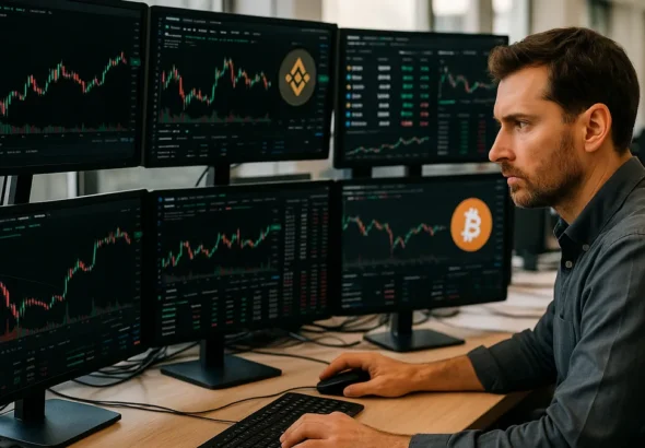 A cryptocurrency trader at a desk with multiple screens showing market charts and token prices.