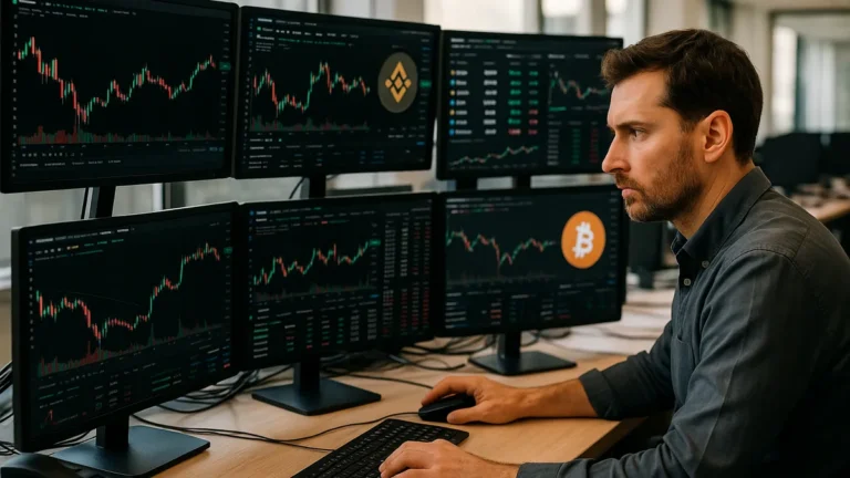 A cryptocurrency trader at a desk with multiple screens showing market charts and token prices.