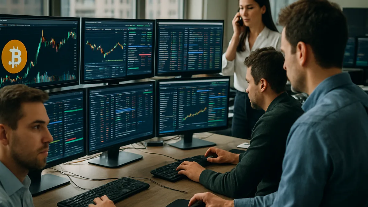 A cryptocurrency trading desk showing multiple screens with Bitcoin price charts and traders analyzing market data.