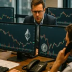 A cryptocurrency trading desk with several monitors showing Ethereum price charts and traders working in a financial office.