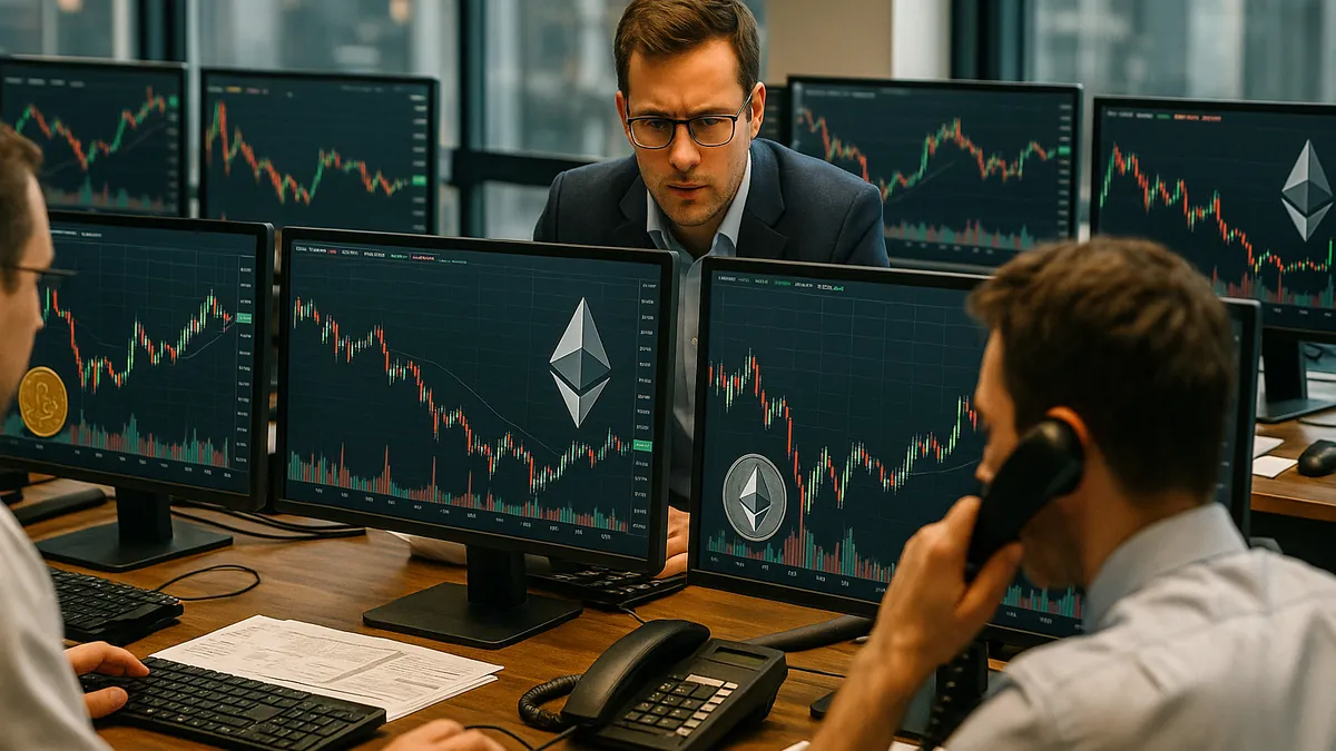 A cryptocurrency trading desk with several monitors showing Ethereum price charts and traders working in a financial office.