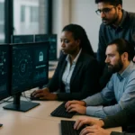 A cybersecurity team working together in an office, analyzing blockchain data and wallet approval alerts on computer screens.