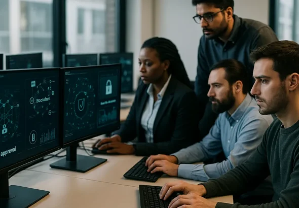 A cybersecurity team working together in an office, analyzing blockchain data and wallet approval alerts on computer screens.