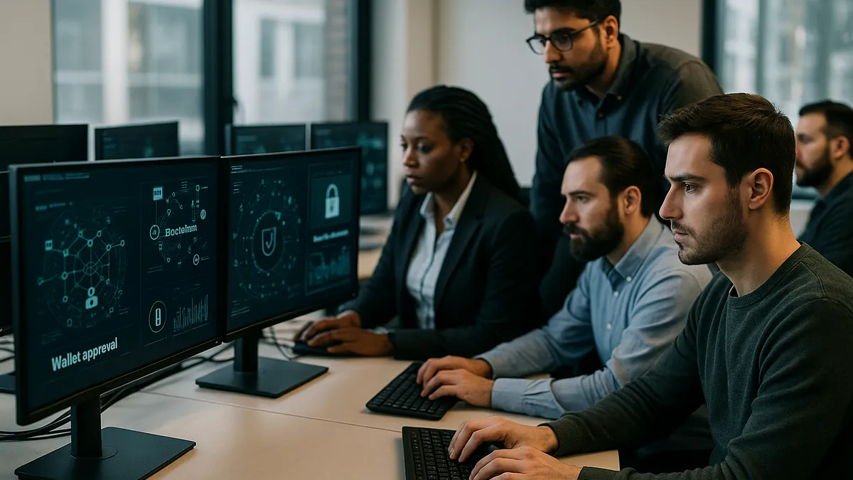 A cybersecurity team working together in an office, analyzing blockchain data and wallet approval alerts on computer screens.