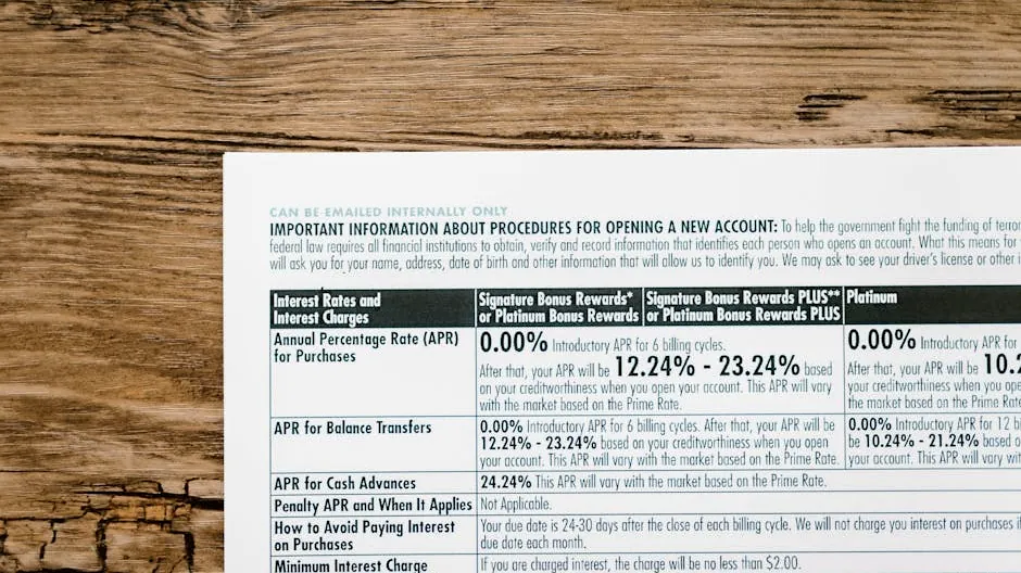 A detailed financial document listing interest rates on a textured wooden table.