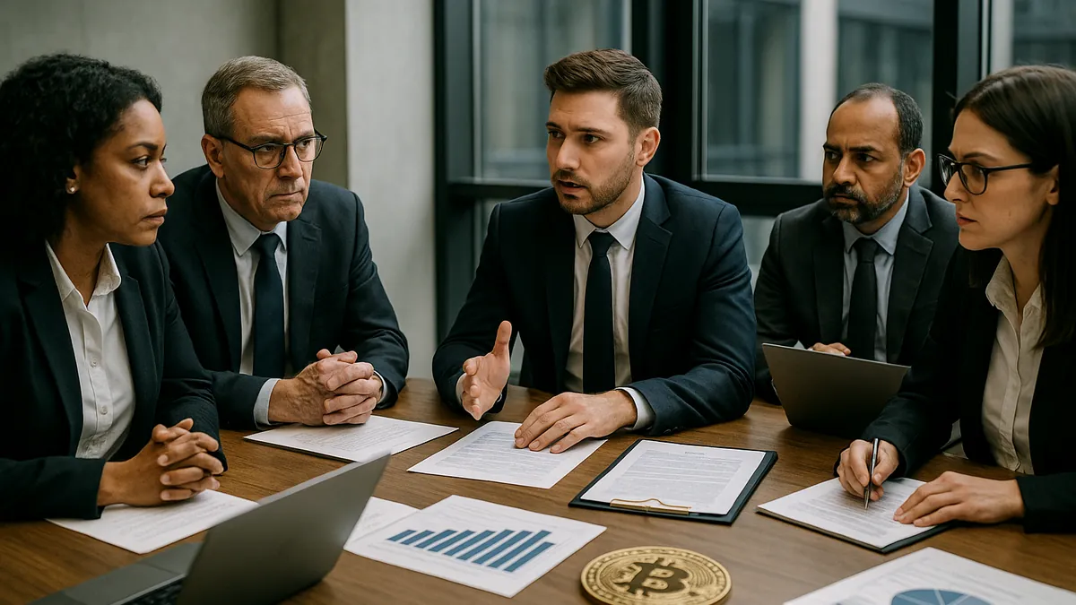 A diverse group of professionals discussing cryptocurrency regulation around a conference table with laptops and documents.