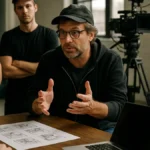 A film director talking with crew members in a studio, surrounded by storyboards and laptops during a production meeting