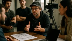 A film director talking with crew members in a studio, surrounded by storyboards and laptops during a production meeting