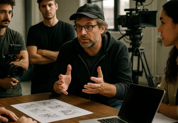 A film director talking with crew members in a studio, surrounded by storyboards and laptops during a production meeting