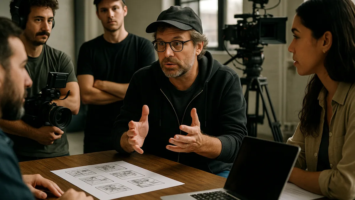 A film director talking with crew members in a studio, surrounded by storyboards and laptops during a production meeting