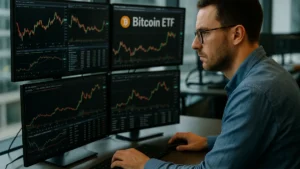 A financial analyst in an office studying Bitcoin ETF charts and market data on multiple monitors.