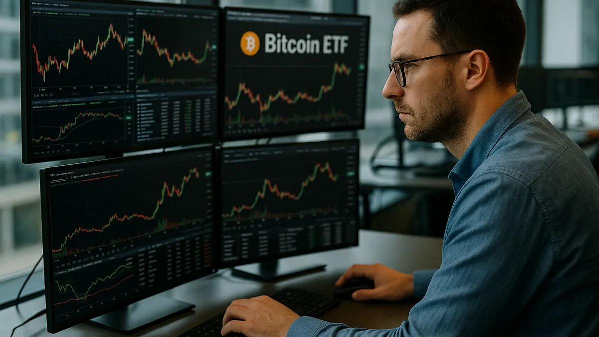 A financial analyst in an office studying Bitcoin ETF charts and market data on multiple monitors.