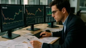 A financial analyst studies Bitcoin charts and ETF flow data on multiple screens in a modern office with natural light.