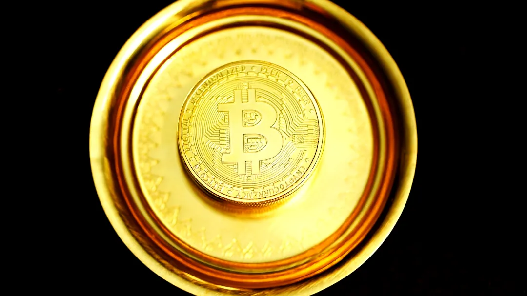 a gold plate with a bit coin on it