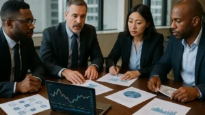 A group of financial professionals reviewing blockchain and crypto policy documents around a conference table in an office setting.
