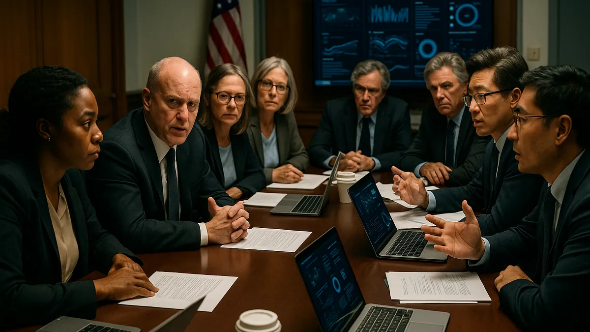 A group of government and technology advisors in a conference room discussing technology policies around a table with laptops and documents.