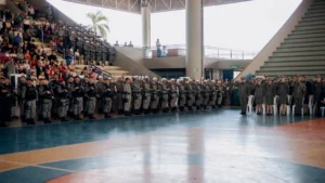 a group of people standing in front of a crowd