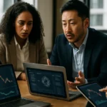 A group of professionals analyzing cryptocurrency data on laptops and tablets during a meeting in a modern office.