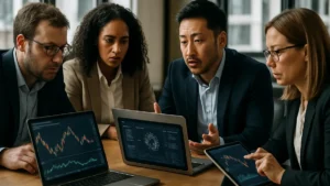 A group of professionals analyzing cryptocurrency data on laptops and tablets during a meeting in a modern office.