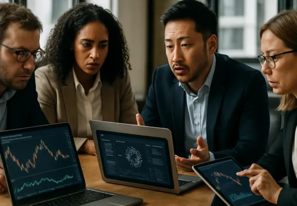 A group of professionals analyzing cryptocurrency data on laptops and tablets during a meeting in a modern office.