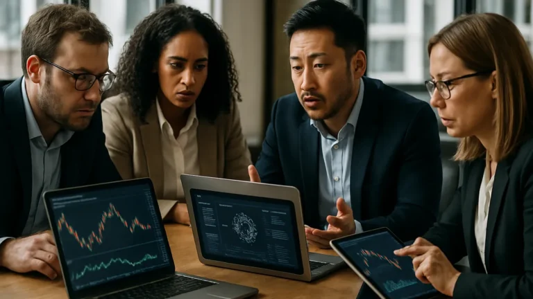 A group of professionals analyzing cryptocurrency data on laptops and tablets during a meeting in a modern office.