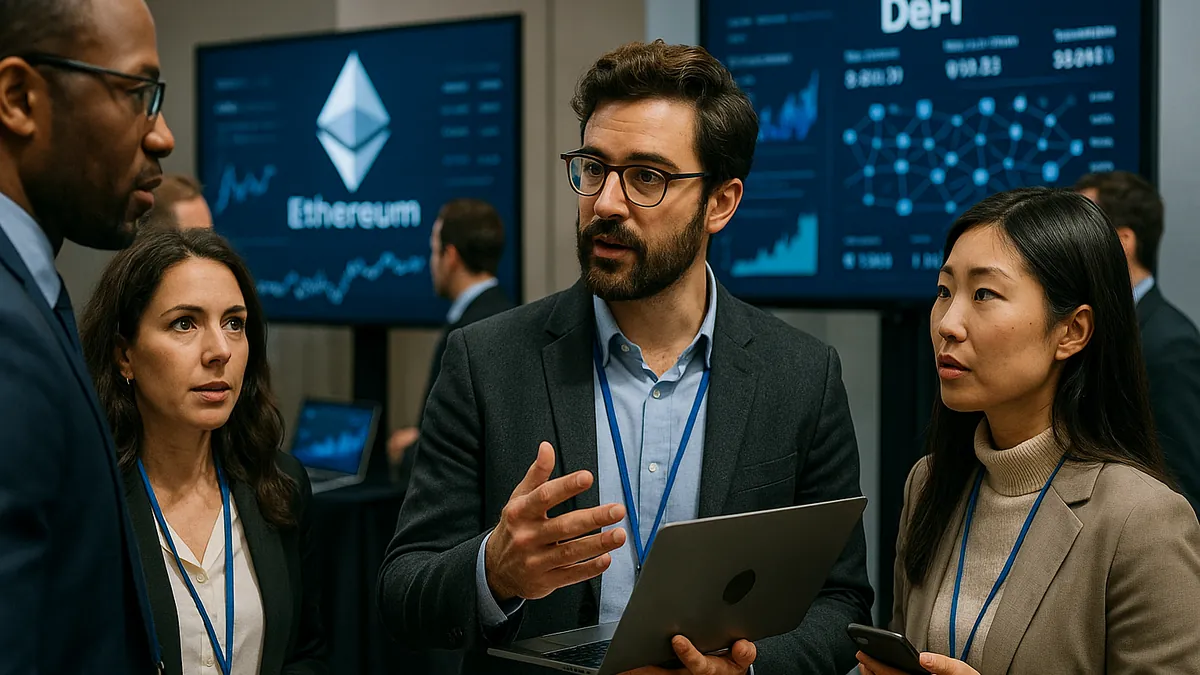 A group of professionals at a cryptocurrency conference discussing blockchain and Ethereum technology with laptops and digital screens visible.