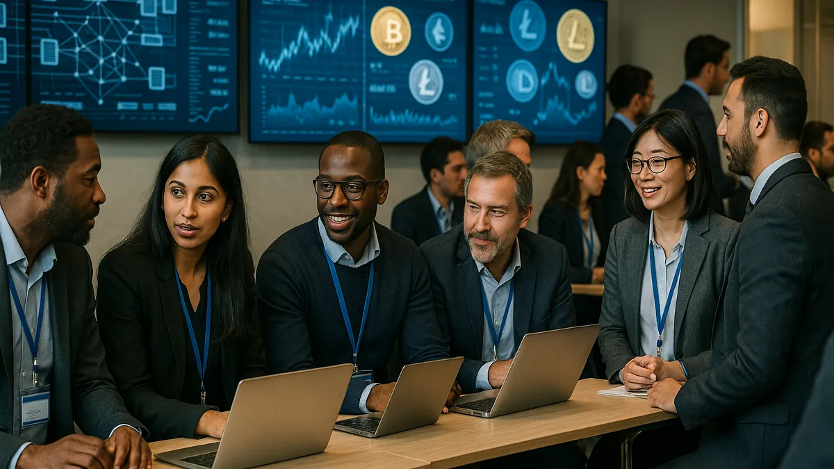 A group of professionals at a cryptocurrency conference discussing blockchain data and crypto tokens in a modern setting.