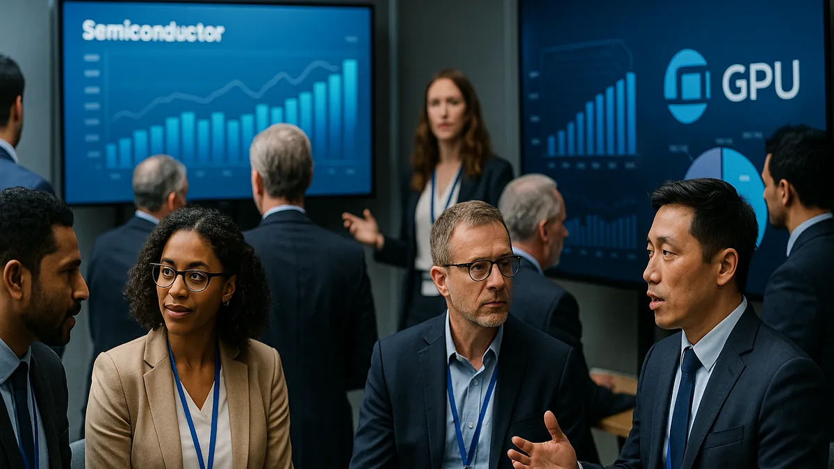 A group of professionals at a technology conference discussing GPU market trends with presentation screens in the background.