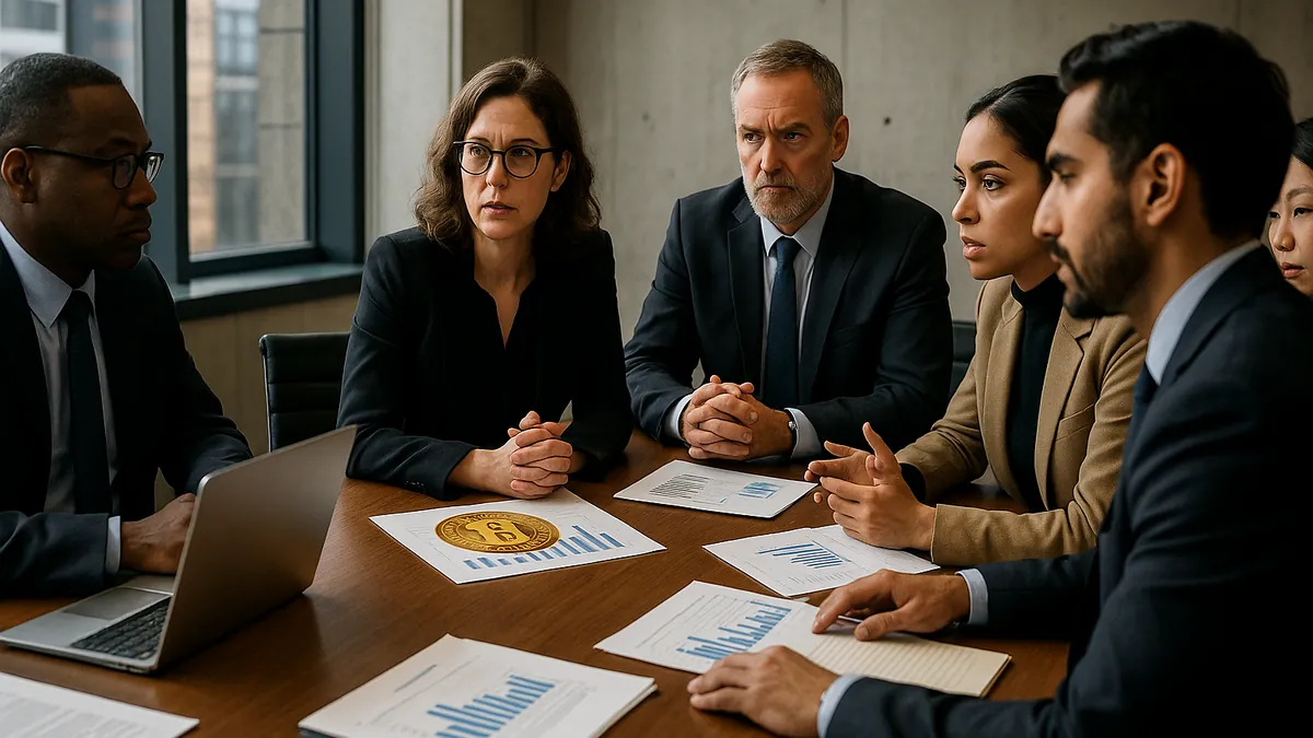 A group of professionals discussing cryptocurrency regulation around a conference table with laptops and documents visible.