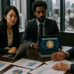 A group of professionals in a conference room discussing Bitcoin infrastructure with laptops and charts on the table.