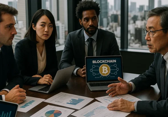 A group of professionals in a conference room discussing Bitcoin infrastructure with laptops and charts on the table.