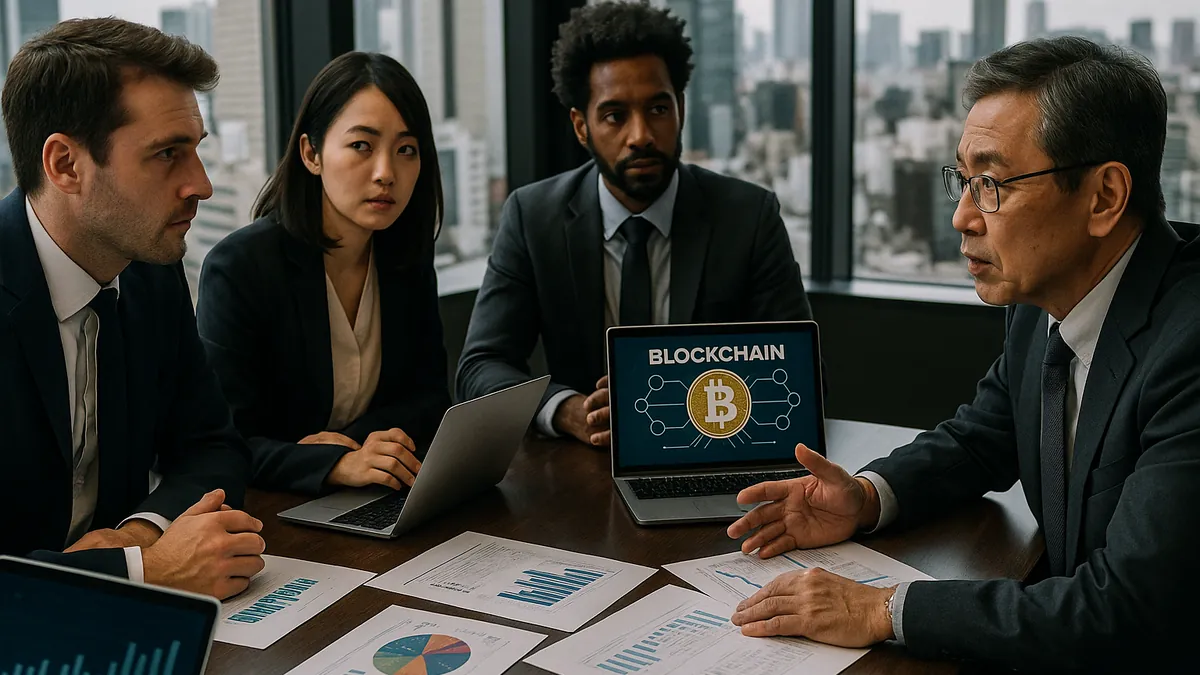 A group of professionals in a conference room discussing Bitcoin infrastructure with laptops and charts on the table.