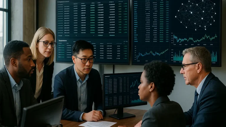 A group of professionals in an office viewing cryptocurrency transaction data on multiple digital screens showing blockchain networks.