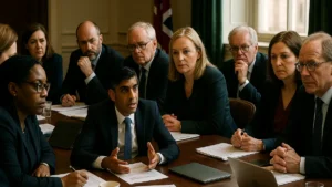 A group of UK politicians and advisors in a government meeting room discussing political finance reforms with laptops and documents.