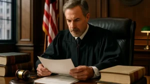 A judge sitting at a courtroom bench reviewing legal documents with books and courtroom elements visible around.