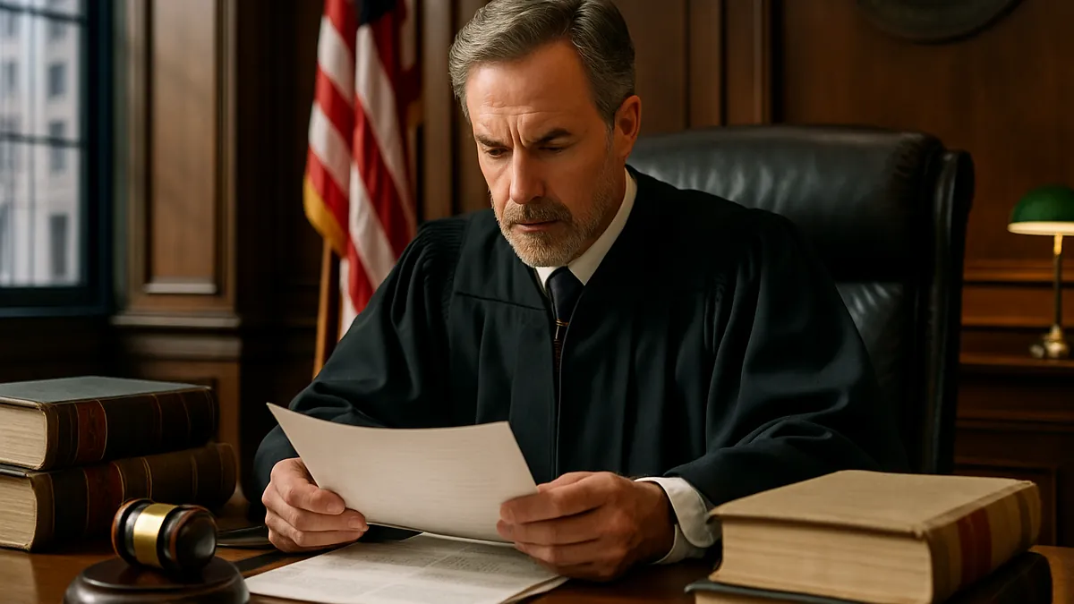 A judge sitting at a courtroom bench reviewing legal documents with books and courtroom elements visible around.