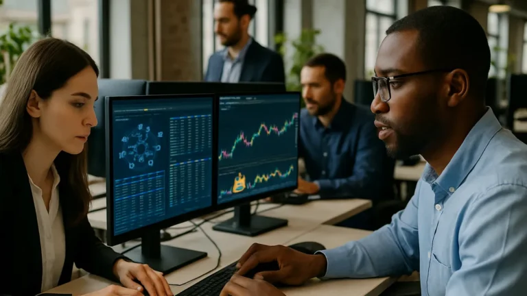 A modern crypto bank office with diverse employees working on computers showing blockchain and financial data charts.