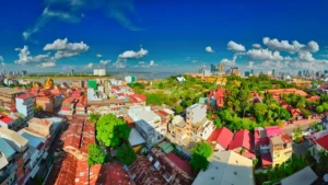 a panoramic view of a city with tall buildings