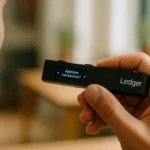 A person holding a Ledger hardware wallet device, approving a crypto transaction on the device screen indoors.