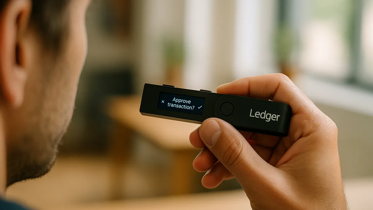 A person holding a Ledger hardware wallet device, approving a crypto transaction on the device screen indoors.