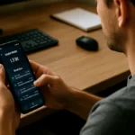 A person holding a smartphone showing a cryptocurrency wallet app interface with blockchain transaction details visible on screen.